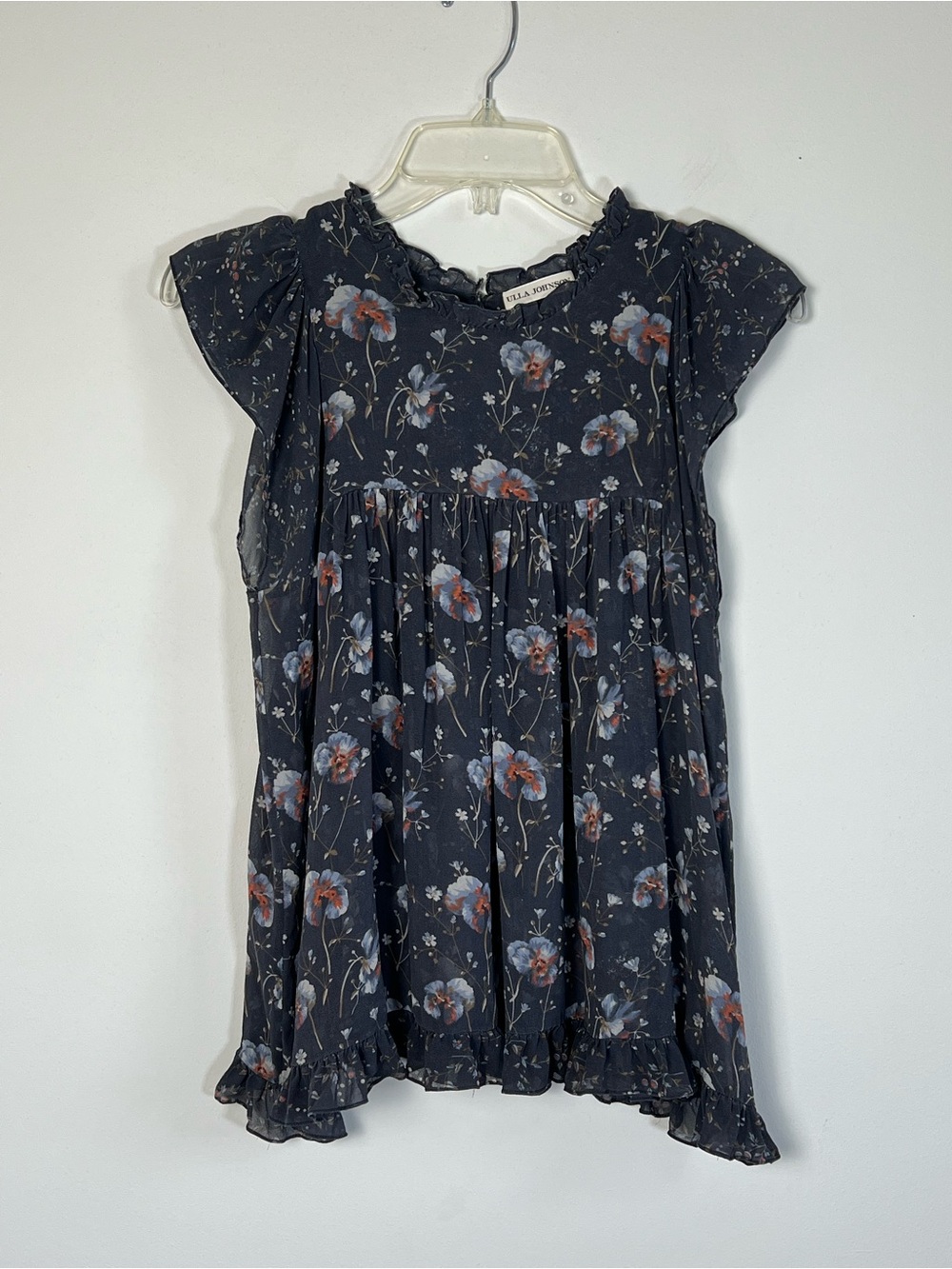 Ulla Johnson Silk Chiffon Floral Flutter Blouse Blouse Navy Black Ruffle Top 6